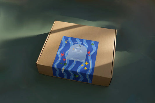 A square brown cardboard box with a blue illustrated label on top, photographed on a dark teal surface with dramatic side lighting.