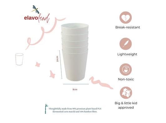 A stack of five white Elavo find plastic cups shown on a white background with feature callouts: break-resistant, lightweight, non-toxic, and big & little kid approved.