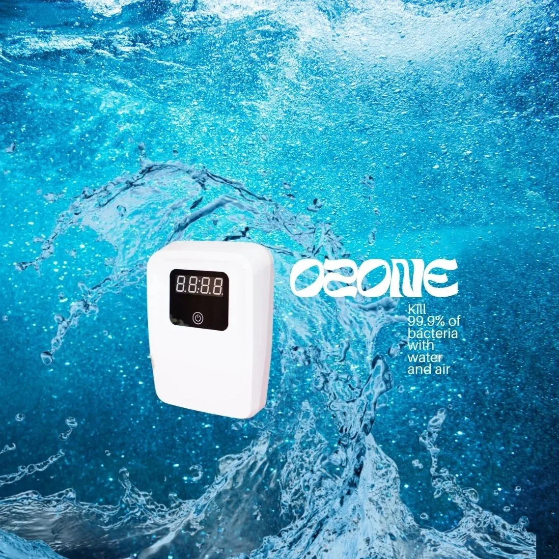 A white handheld air and water purifier with a digital display screen, shown against a dynamic background of splashing blue water. The brand name 'Ozone' is displayed in white text alongside the product.