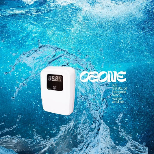 A white handheld air and water purifier with a digital display screen, shown against a dynamic background of splashing blue water. The brand name 'Ozone' is displayed in white text alongside the product.