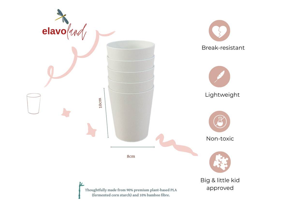 A stack of five white Elavo find plastic cups shown on a white background with feature callouts: break-resistant, lightweight, non-toxic, and big & little kid approved.