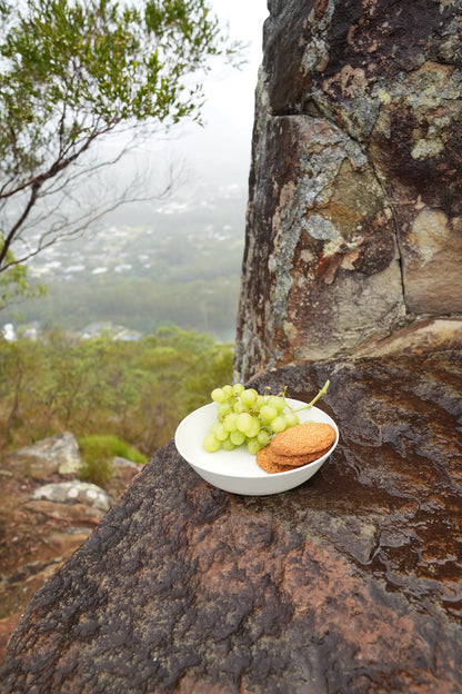 white bowl on a rock with mountain views