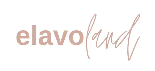 The logo for 'elavoland' is displayed on a solid white background, featuring the brand name in a dusty rose pink color with a mix of sans-serif and cursive typography.