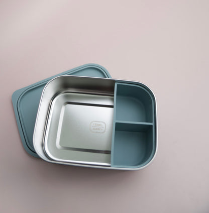 Blue lunch box with three compartments