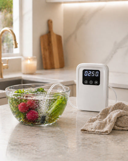A countertop ozone generator in white sits beside a glass bowl of leafy greens and red fruit, with bubbles rising into the water in a bright kitchen setting.