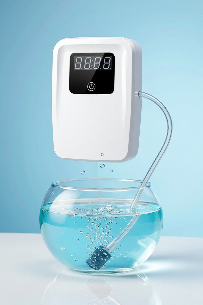 A white digital water aerator pump with a black display screen, shown floating above a glass bowl of water with bubbles rising, set against a light blue background.