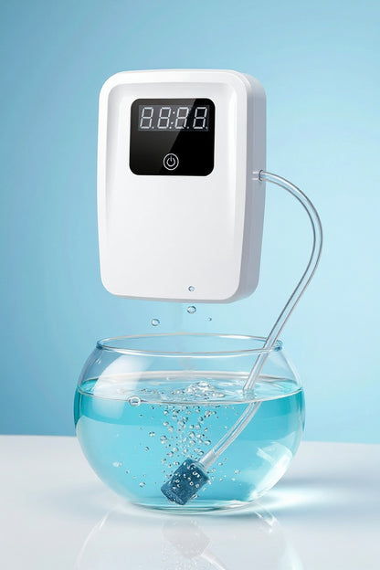 A white digital water aerator pump with a black display screen, shown floating above a glass bowl of water with bubbles rising, set against a light blue background.