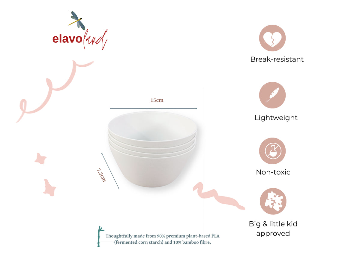 A stack of five white ceramic bowls shown on a white background with decorative pink doodles and text. The image includes the brand name 'elavoland' and feature callouts such as 'Break-resistant,' 'Lightweight,' 'Non-toxic,' and 'Big & little kid approved,' along with dimensions labeled 15 cm wide and 7 cm deep.