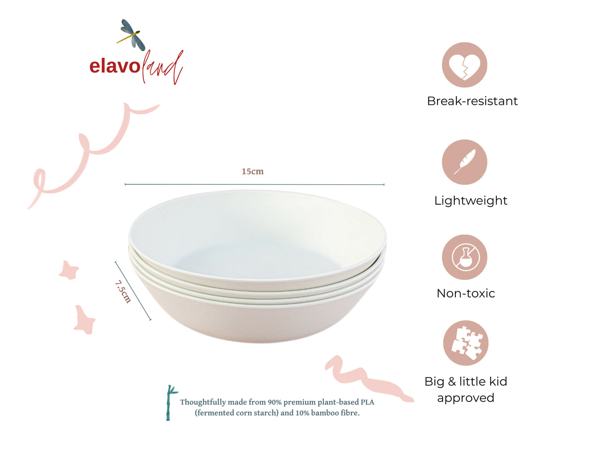 A stack of four white ceramic bowls shown on a white background with product specs and feature icons. The image includes the brand name 'elavofind' and text highlighting features such as break-resistance, lightweight design, non-toxic material, and suitability for kids.