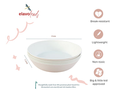 A stack of four white ceramic bowls shown on a white background with product specs and feature icons. The image includes the brand name 'elavofind' and text highlighting features such as break-resistance, lightweight design, non-toxic material, and suitability for kids.