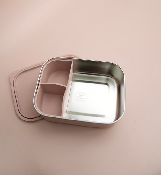 Pink lunch box with three compartments