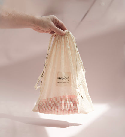 Mesh bag with cups.